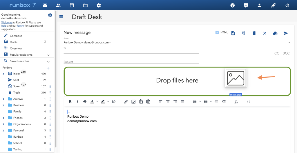 Runbox 7 Drag and drop files