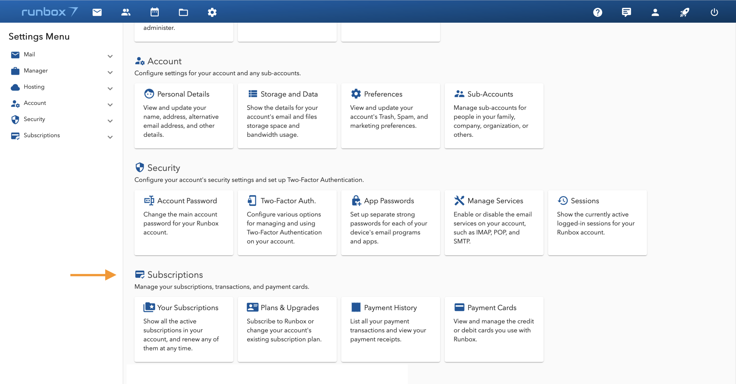Runbox 7 Accounts settings page account security subscriptions