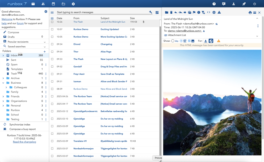 Runbox 7 Inbox Preview pane showing email titled Land of the Midnight Sun 