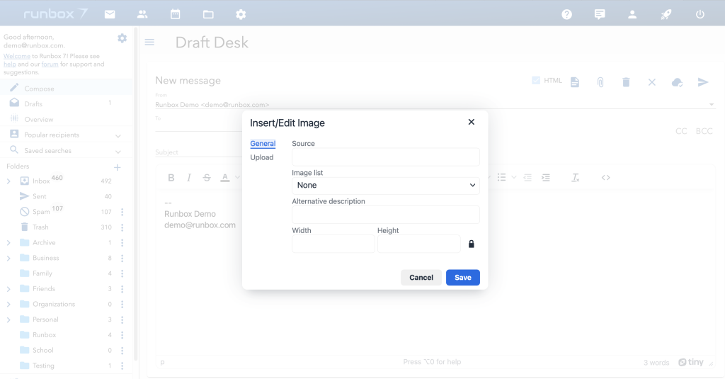 Runbox 7 Insert edit image file screen