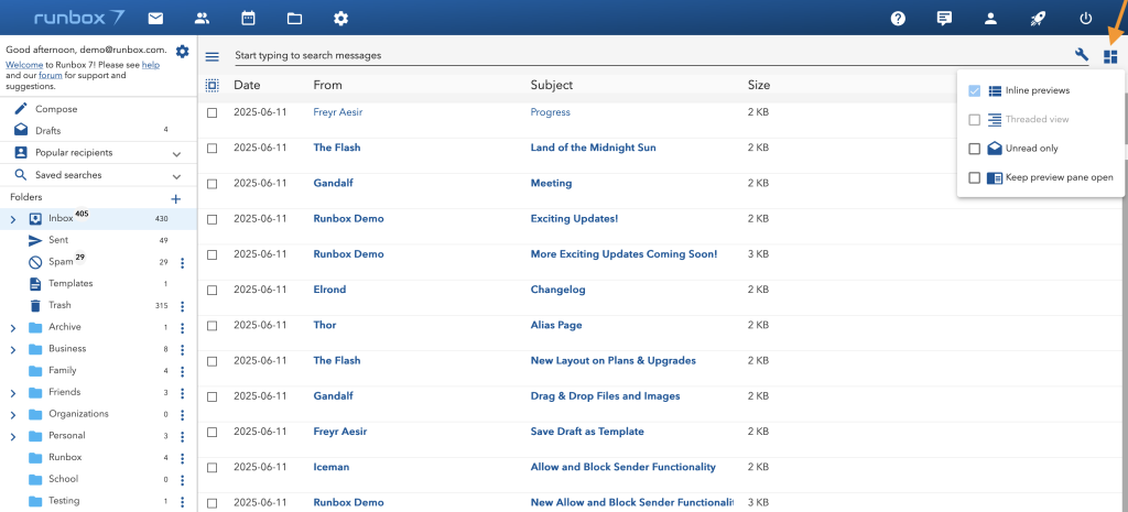 Runbox 7 Message list inline preview