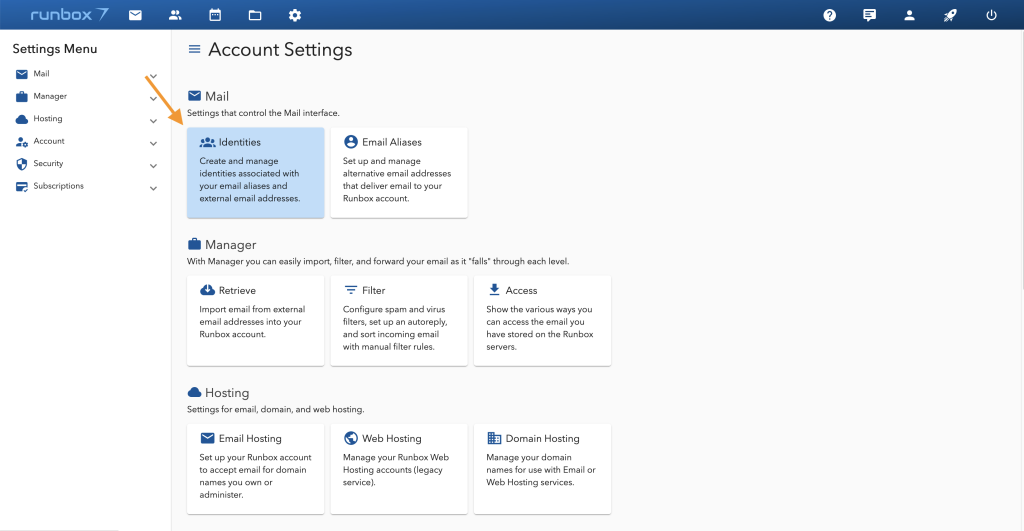 Runbox 7 Settings identities