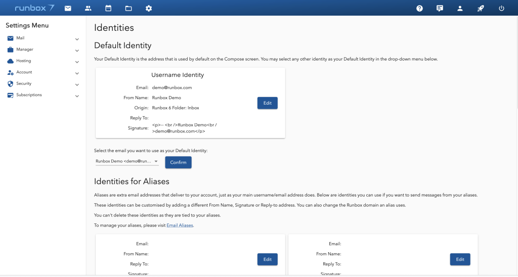 Runbox 7 Settings Identities