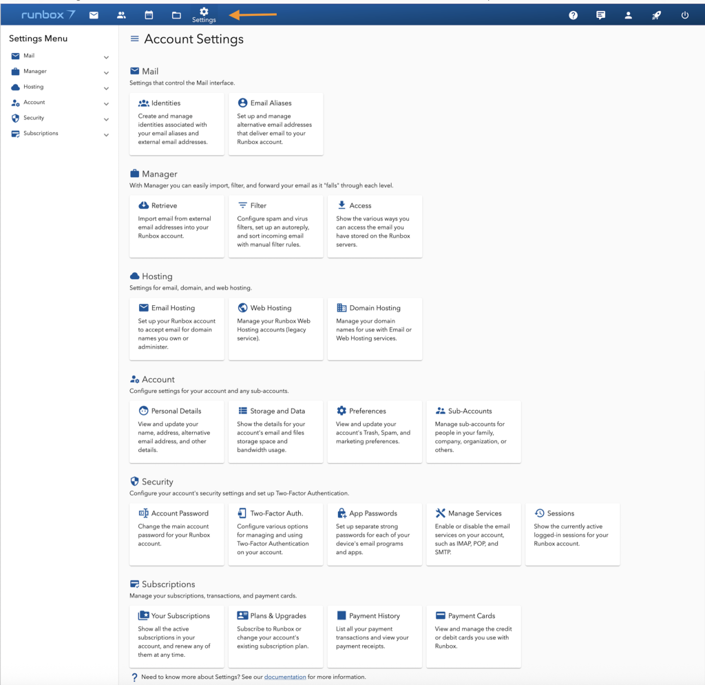 Runbox 7 account settings menu