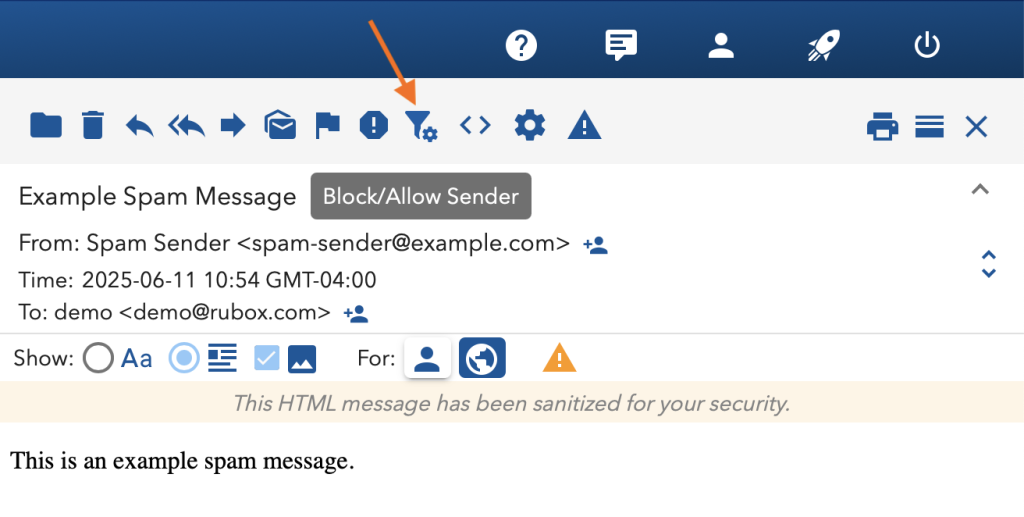 Runbox 7 block allow sender button for spam