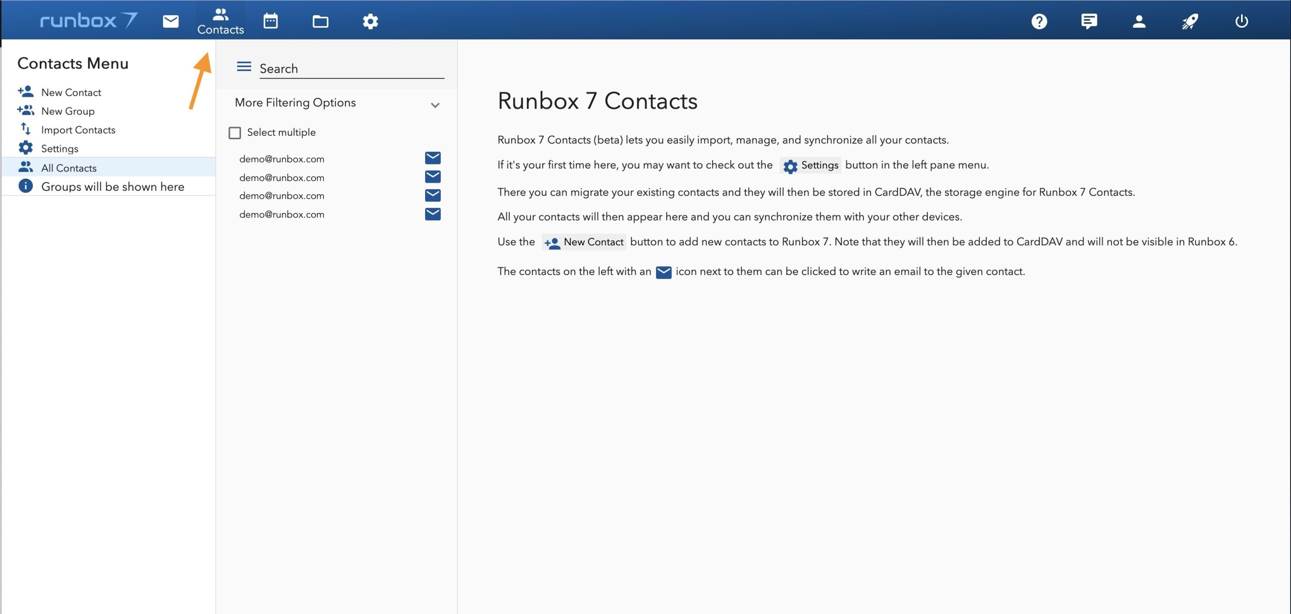 Runbox 7 contacts menu all contacts