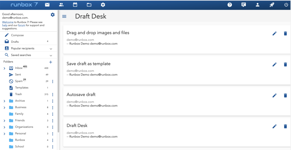 Runbox 7 draft desk