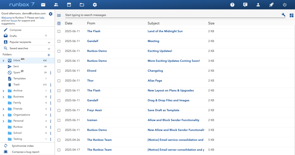 Runbox 7 message list